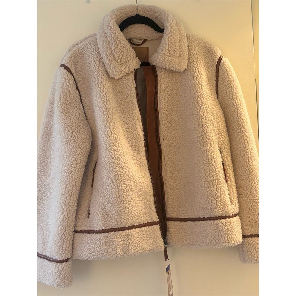 BEARPAW Moto Sherpa Jacket Womens Size L Ivory Brown Trim Full Zip Pockets